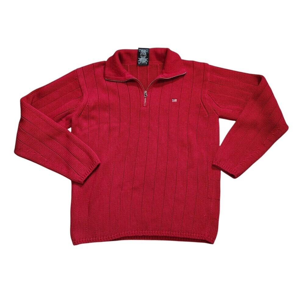 Polo Ralph Lauren Mens Red Quarter Zip Sweater L Ribbed Cotton Pullover Y2K Flag